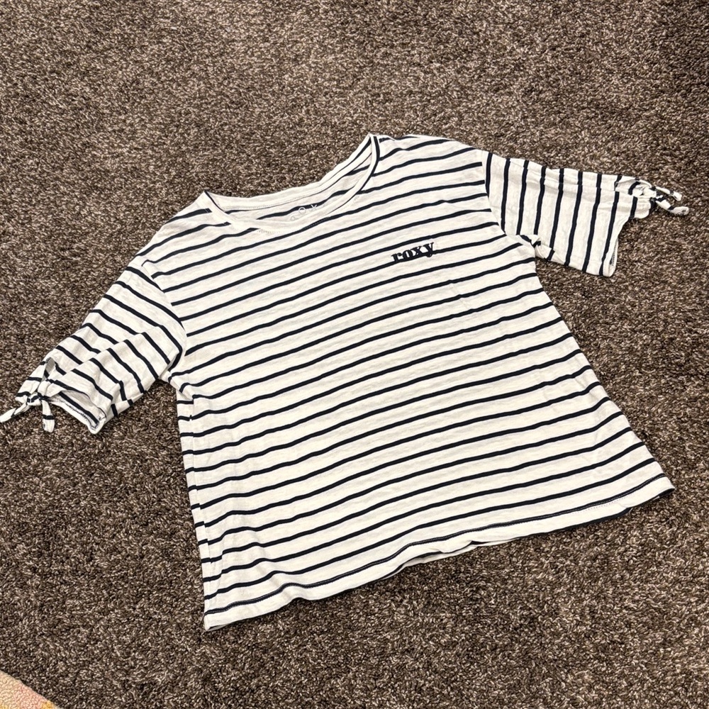 Roxy Navy and White Striped Tee with Sleeve Ties